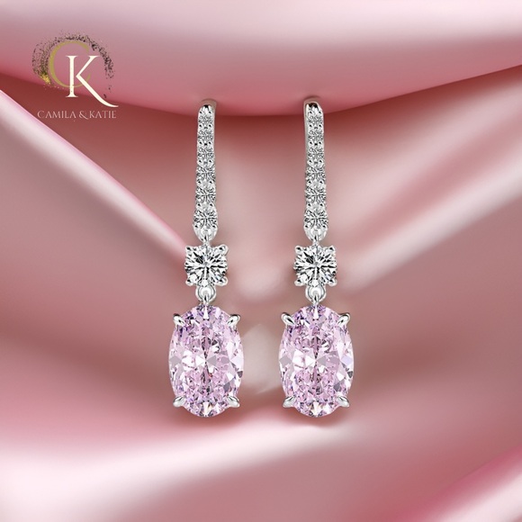 Pink Lab Diamond Dangle Earrings - Picture 1 of 7
